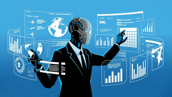 Agentic AI system visualizing planning with connected data dashboards and digital actions.