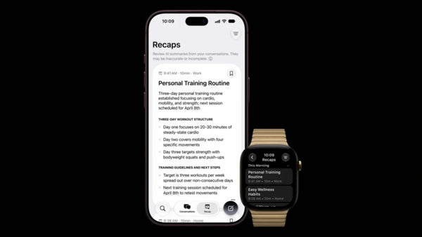 Apple Watch Siri Recap shown beside its detailed conversation summary on an iPhone.
