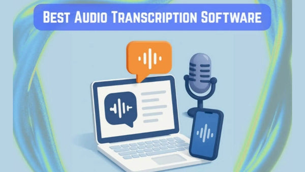 Audio transcription software concept with laptop, microphone, phone, and speech-to-text symbols.
