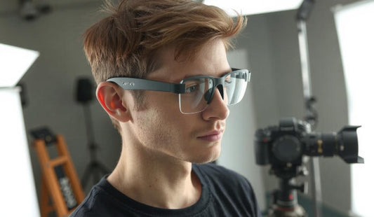 Close-up of a modern man wearing HD camera glasses designed for creators and professionals