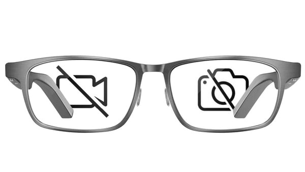 Camera-free smart glasses with crossed-out photo and video icons showing no visual capture.