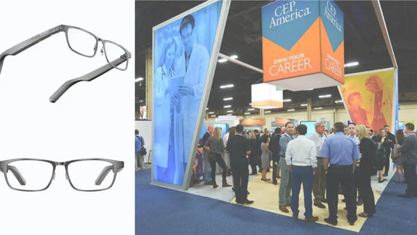 Dymesty AI glasses shown beside a busy trade show floor for translation, notes, and networking.