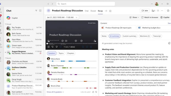 Microsoft Teams meeting recap with AI summary, transcript, speakers, and shared content.