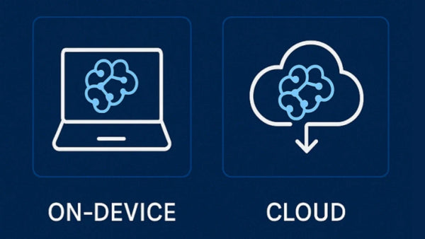 On-device AI smart glasses versus cloud AI diagram showing local processing and remote cloud inference.