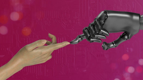 Human and robotic hands meet to represent the shift from chatbots to personal AI assistants.
