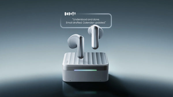 Plaud One earbuds with Plaud Agent confirming an email draft and calendar update.