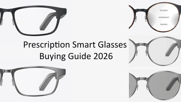 Prescription smart glasses alongside progressive lens viewing zones for distance, intermediate, and reading.