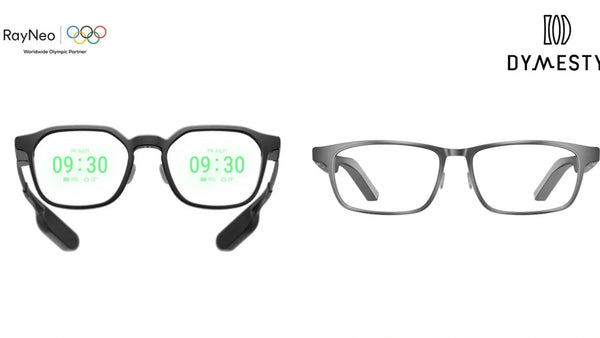 RayNeo iO and Dymesty camera-free AI glasses shown side by side for a visual-first versus audio-first comparison.