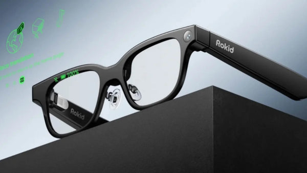 Rokid Glasses with a green MicroLED HUD overlay, camera, and black smart glasses frame.