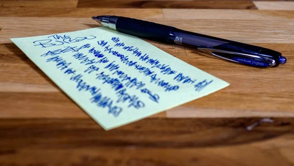 Handwritten sales call notes on a sticky note beside a pen, representing CRM follow-up after client meetings.