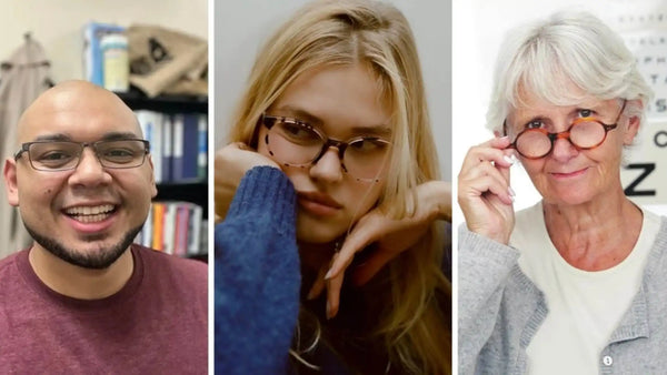 Three people wearing different eyeglass frames, illustrating how smart glasses fit varies by face.