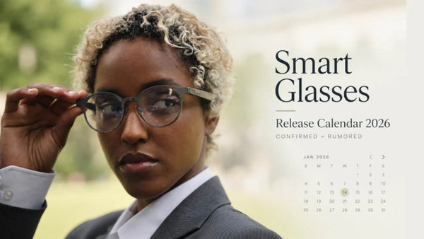Person wearing smart glasses beside a 2026 release calendar for confirmed and rumored launches.