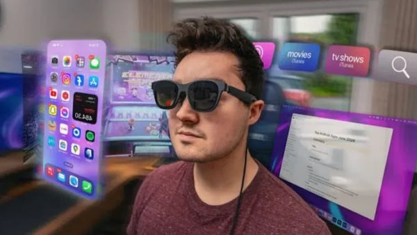 Man wearing display glasses with multiple virtual screens floating around his field of view.