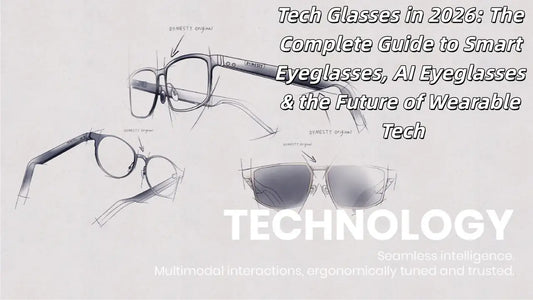 A businesswoman, wearing Dymesty tech glasses, stands in the heart of the city, gazing into the distance.