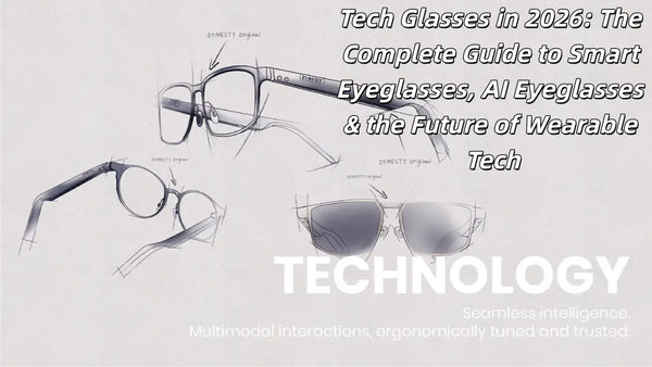 A businesswoman, wearing Dymesty tech glasses, stands in the heart of the city, gazing into the distance.