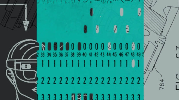 Abstract TypeSafe Jev artwork with coded rows, technical schematics, and a stylized helmet figure.
