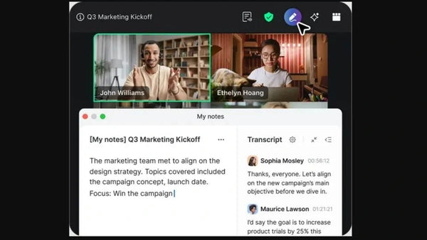 Zoom My Notes interface with a live meeting, personal notes, and transcript for AI note taking on Zoom.