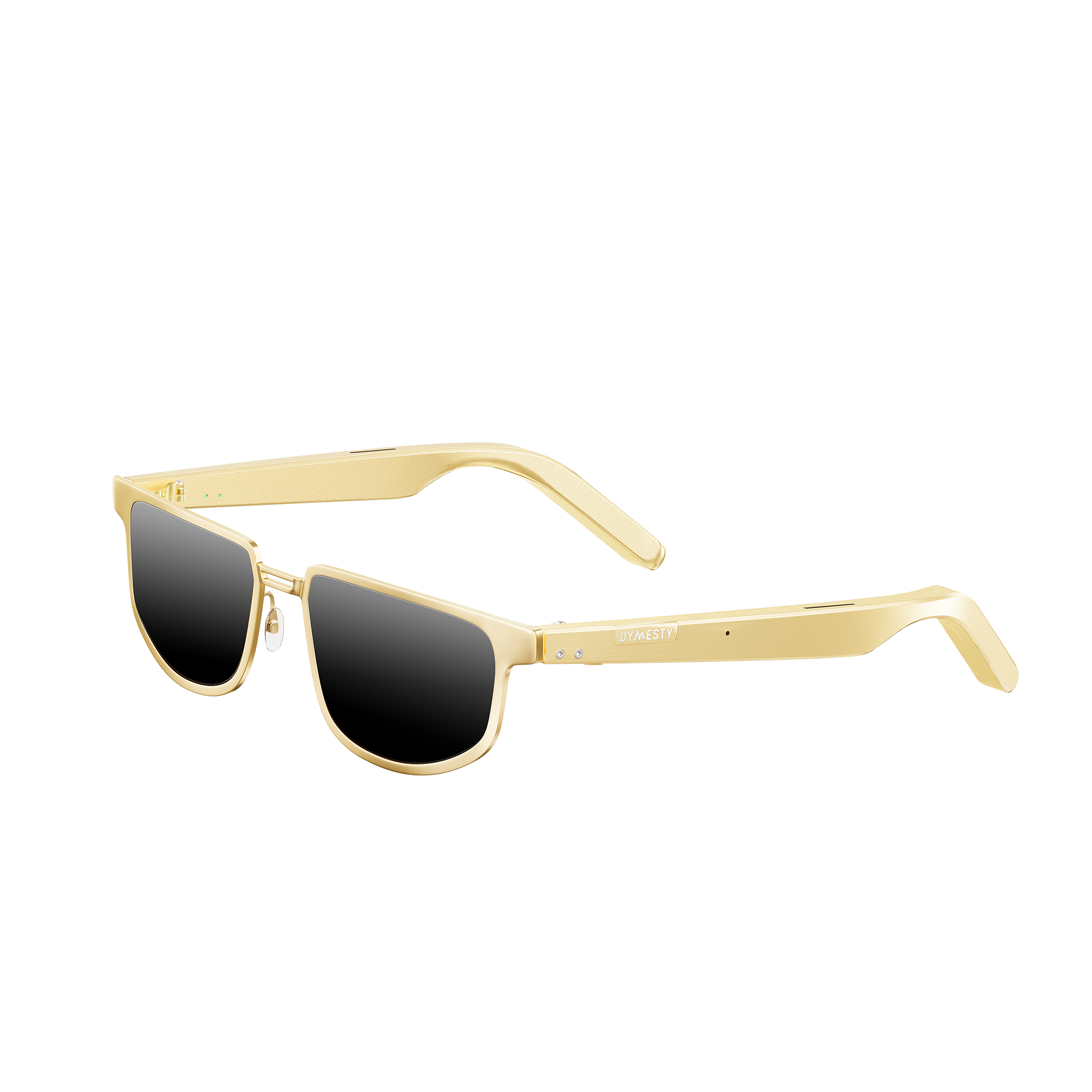 Dymesty Moore Vision AI Smart Sunglasses in champagne gold titanium frame with dark gray lenses, front view on transparent background — 35g lightweight, 48-hour battery, real-time translation in 100 languages, camera-free design