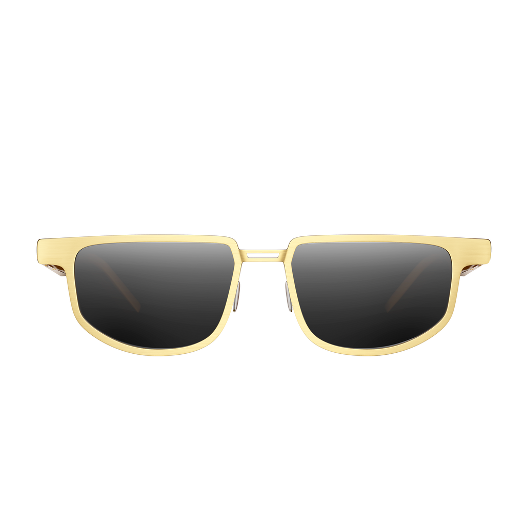 Dymesty Moore Vision AI Smart Sunglasses in champagne gold titanium frame with dark gray lenses, front view on transparent background — 35g lightweight, 48-hour battery, real-time translation in 100 languages, camera-free design