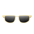 Dymesty Moore Vision AI Smart Sunglasses in champagne gold titanium frame with dark gray lenses, front view on transparent background — 35g lightweight, 48-hour battery, real-time translation in 100 languages, camera-free design