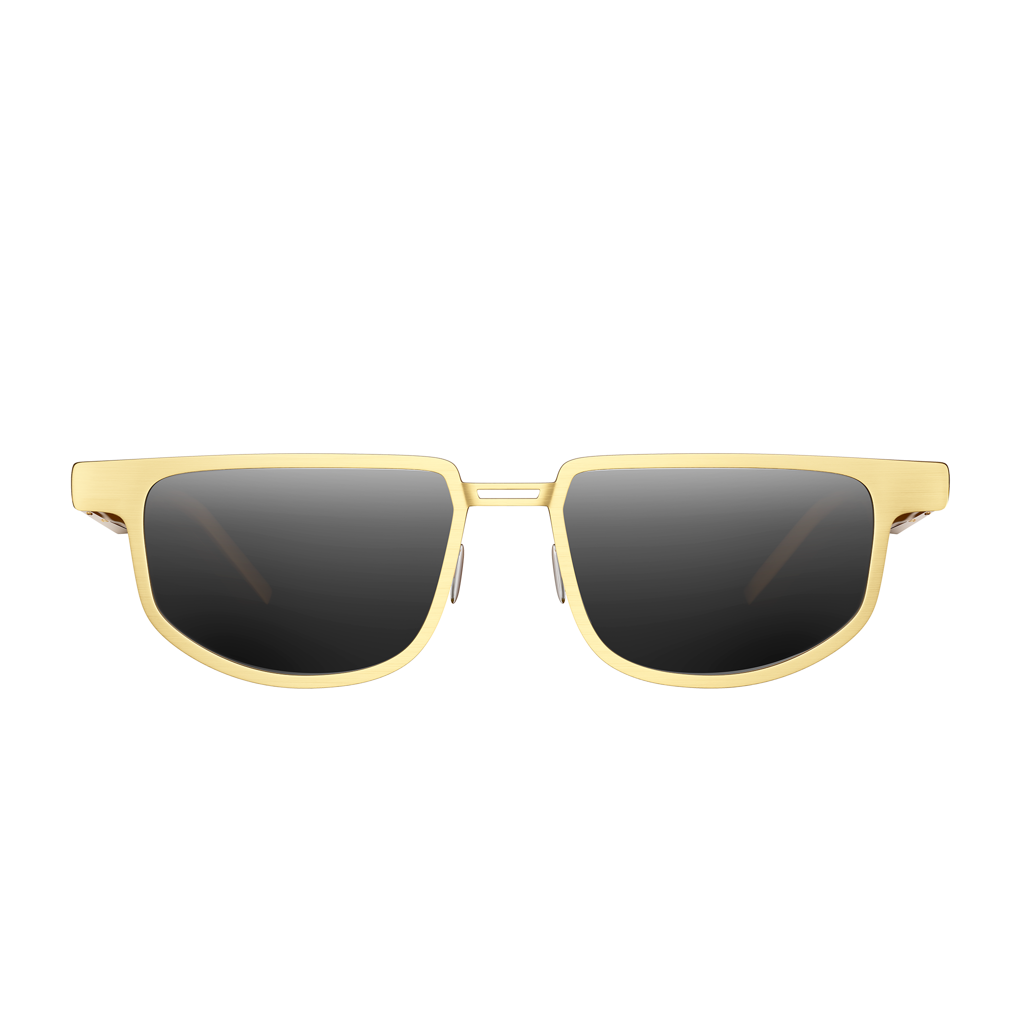 Dymesty Moore Vision AI Smart Sunglasses in champagne gold titanium frame with dark gray lenses, front view on transparent background — 35g lightweight, 48-hour battery, real-time translation in 100 languages, camera-free design