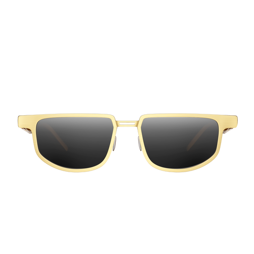 Dymesty Moore Vision AI Smart Sunglasses in champagne gold titanium frame with dark gray lenses, front view on transparent background — 35g lightweight, 48-hour battery, real-time translation in 100 languages, camera-free design