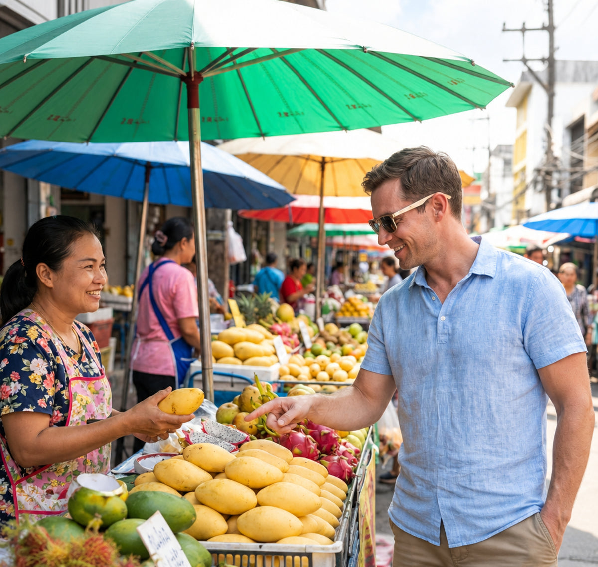 Traveler wearing Dymesty Moore Vision AI sunglasses at an outdoor market