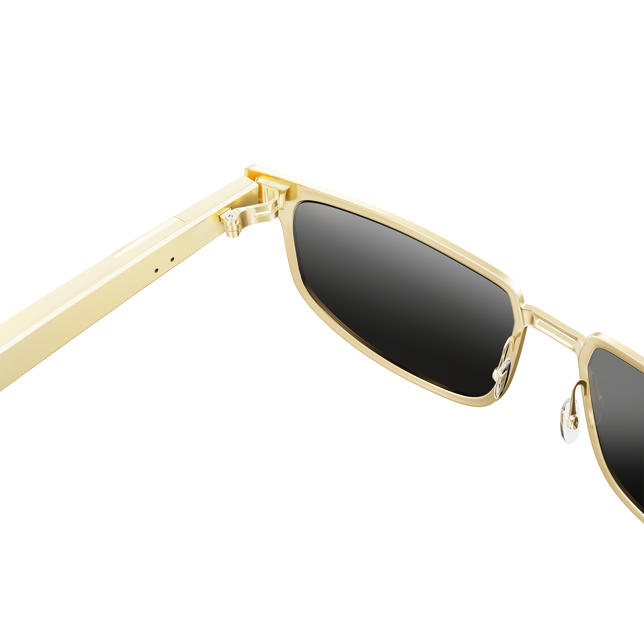 Dymesty Moore Vision AI Smart Sunglasses in champagne gold titanium frame with dark gray lenses, front view on transparent background — 35g lightweight, 48-hour battery, real-time translation in 100 languages, camera-free design