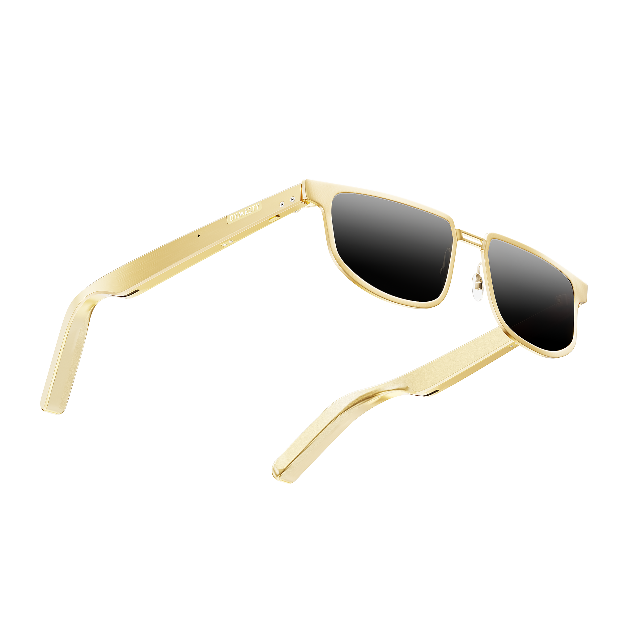 Dymesty Moore Vision AI Smart Sunglasses in champagne gold titanium frame with dark gray lenses, front view on transparent background — 35g lightweight, 48-hour battery, real-time translation in 100 languages, camera-free design