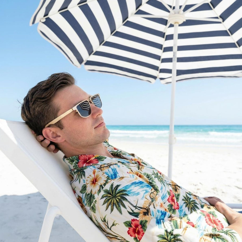 A Man Wearing Dymesty AI Sunglasses Moore Vision On The Beach. Where Sunlight Meets Insight. Advanced AI, Adaptive Lenses, Uncompromised Vision.