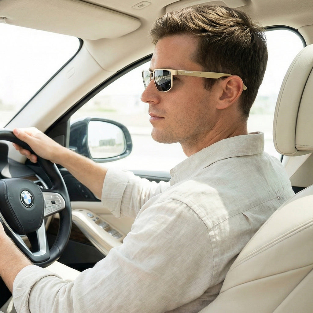 Businessman In Driving Mode With Dymesty AI Sunglasses Moore Vision. Advanced AI, Adaptive Lenses, Uncompromised Vision.