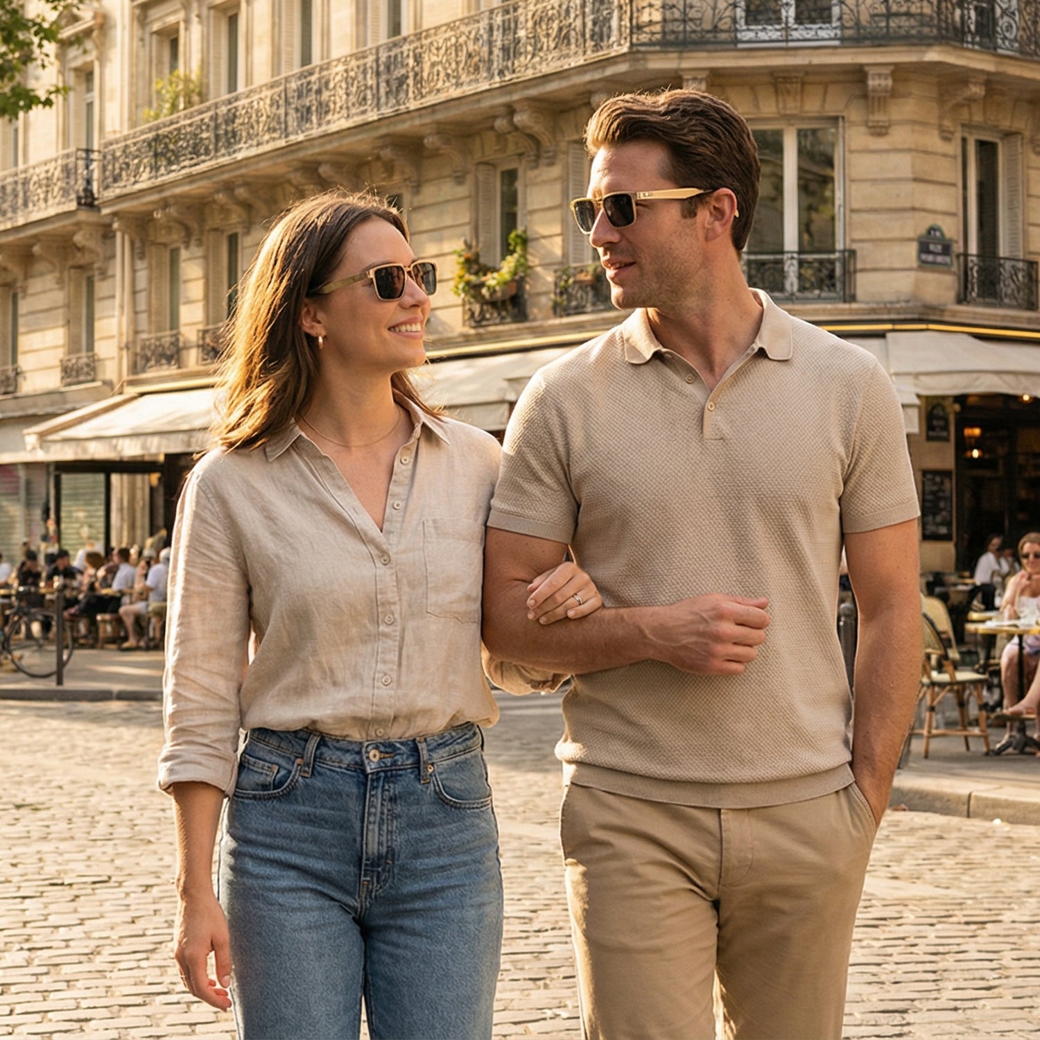 A Couple Wearing Dymesty AI Sunglasses Moore Vision Walking In The City. Where Sunlight Meets Insight. Advanced AI And Adaptive Lenses.