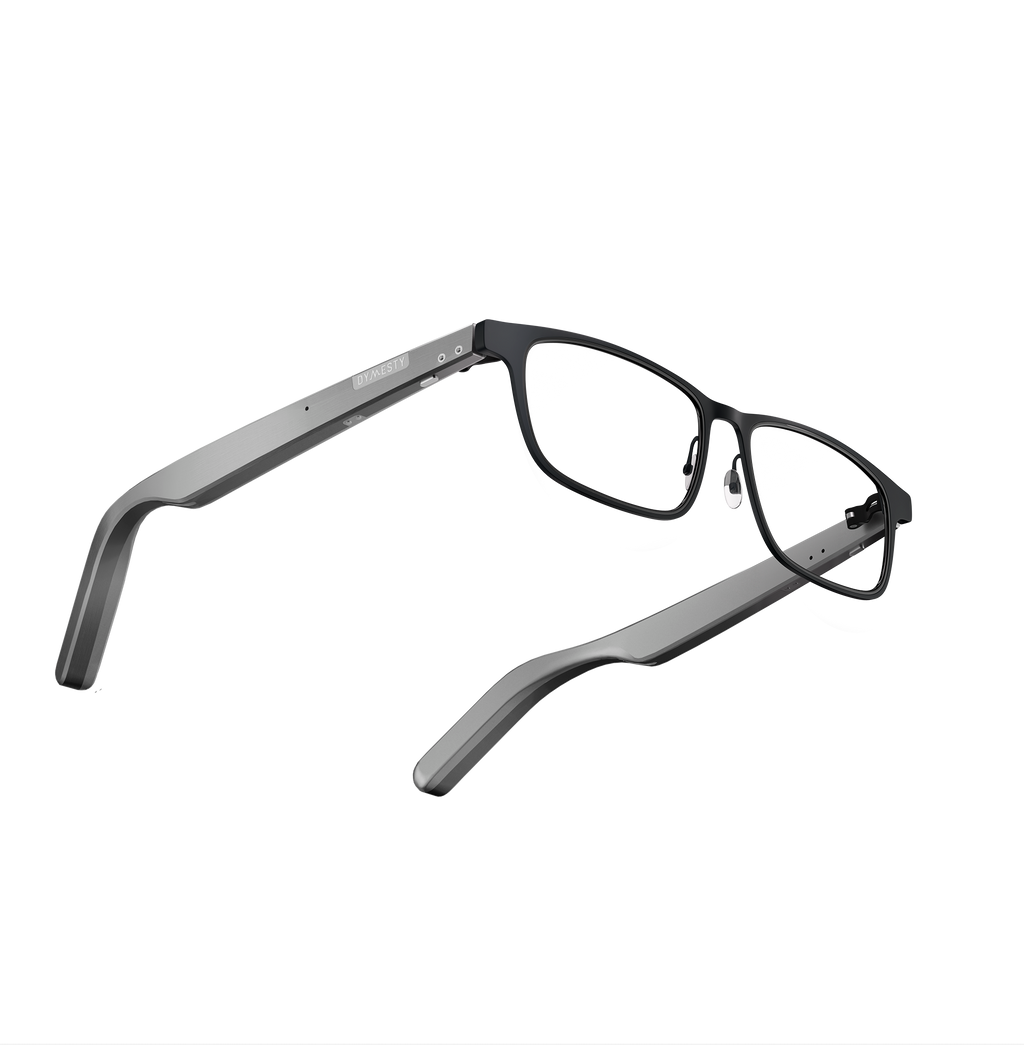Dymesty Cook Edge black AI glasses nose pad detail, lightweight titanium frame