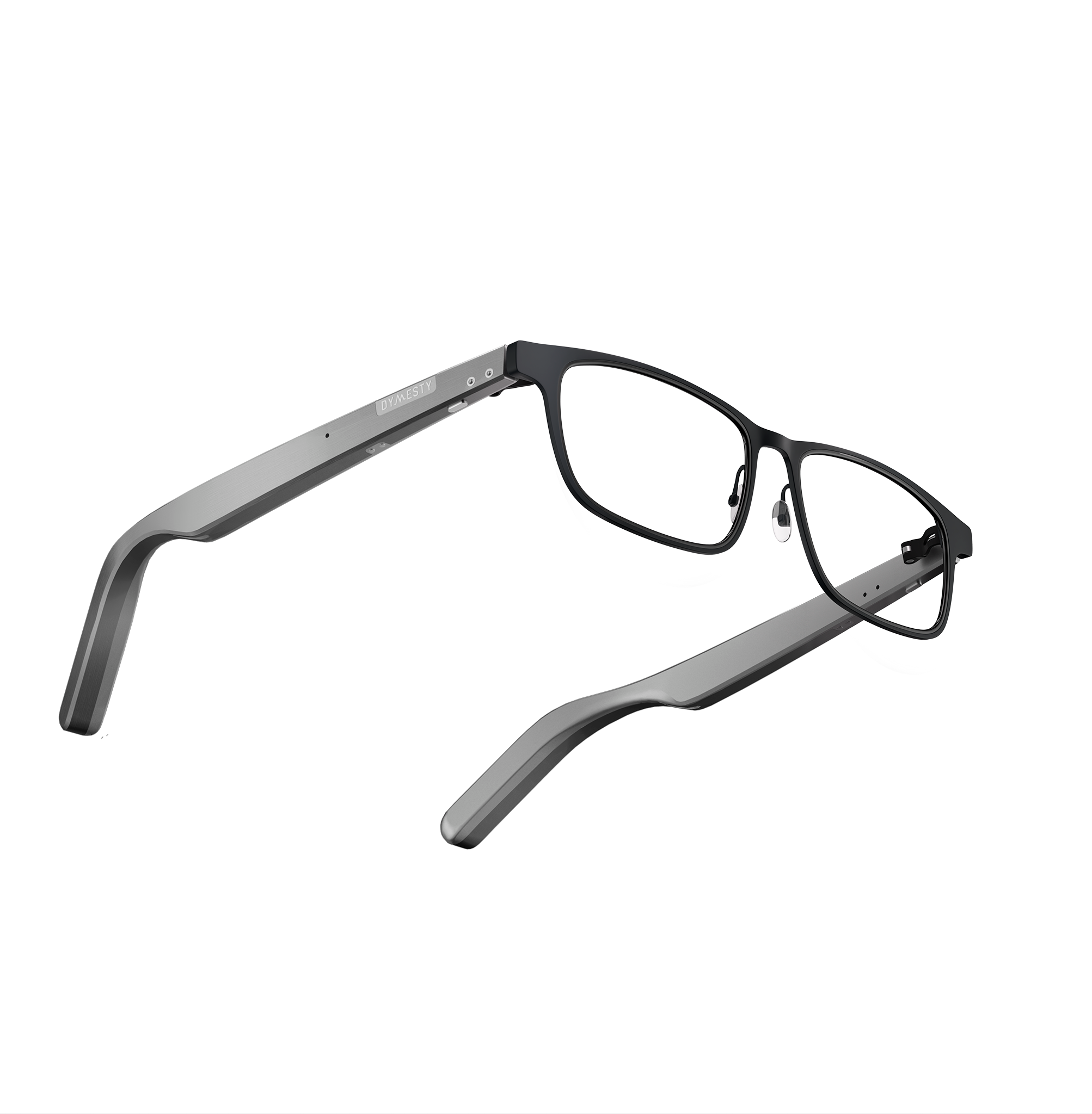 Dymesty Cook Edge black AI glasses nose pad detail, lightweight titanium frame