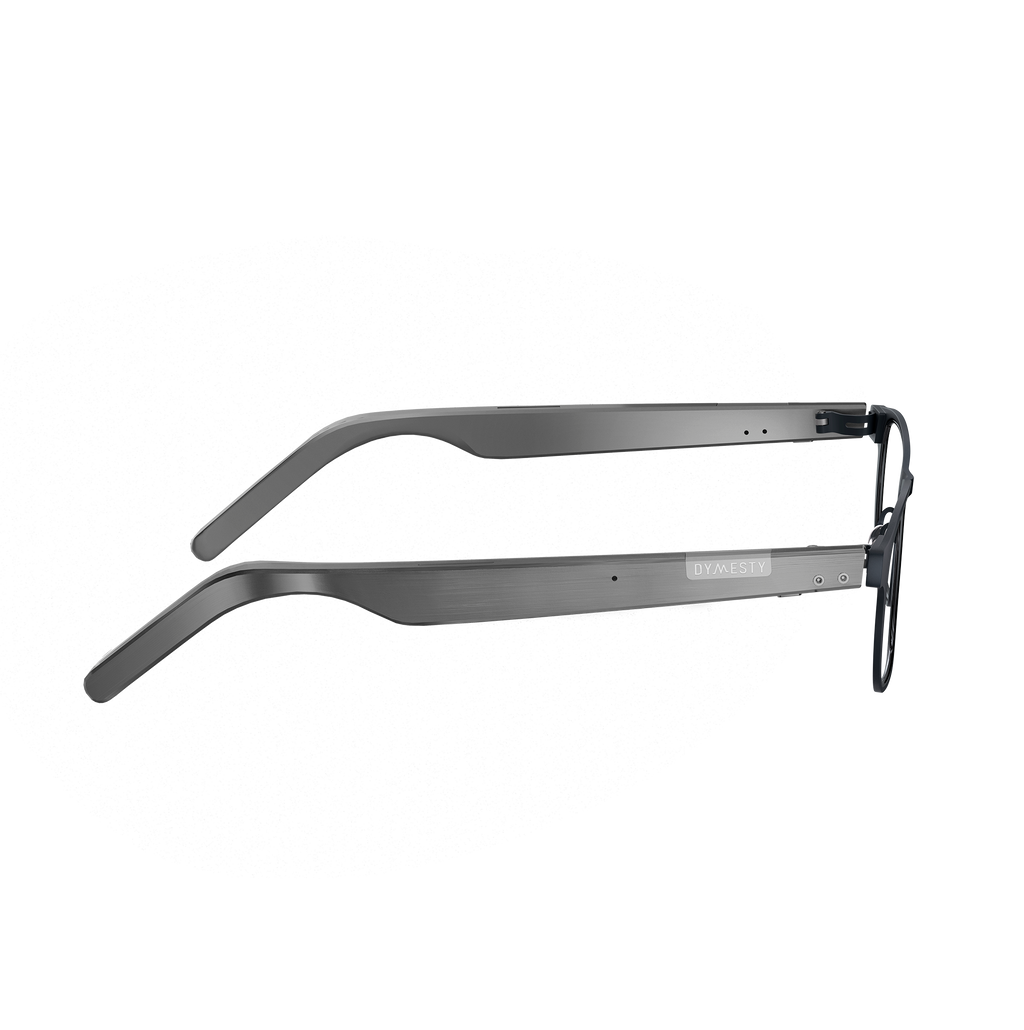Dymesty Cook Edge black titanium AI glasses side view showing temple and speaker