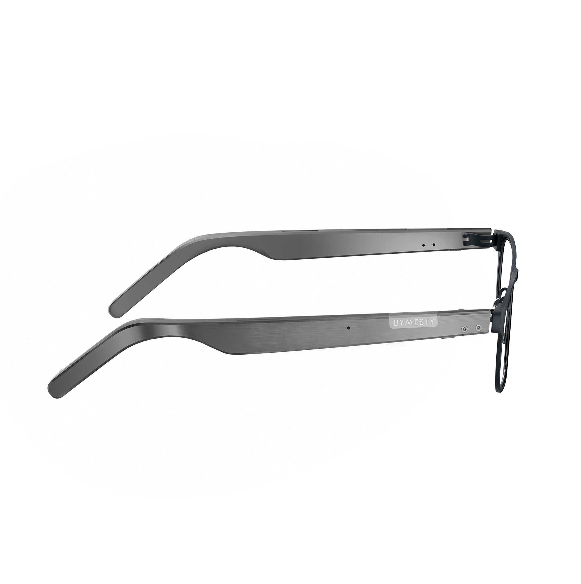 Dymesty Cook Edge black titanium AI glasses side view showing temple and speaker