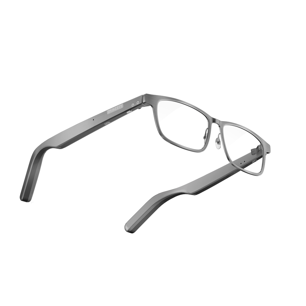 Dymesty Cook Edge gray AI glasses nose pad detail, lightweight titanium frame