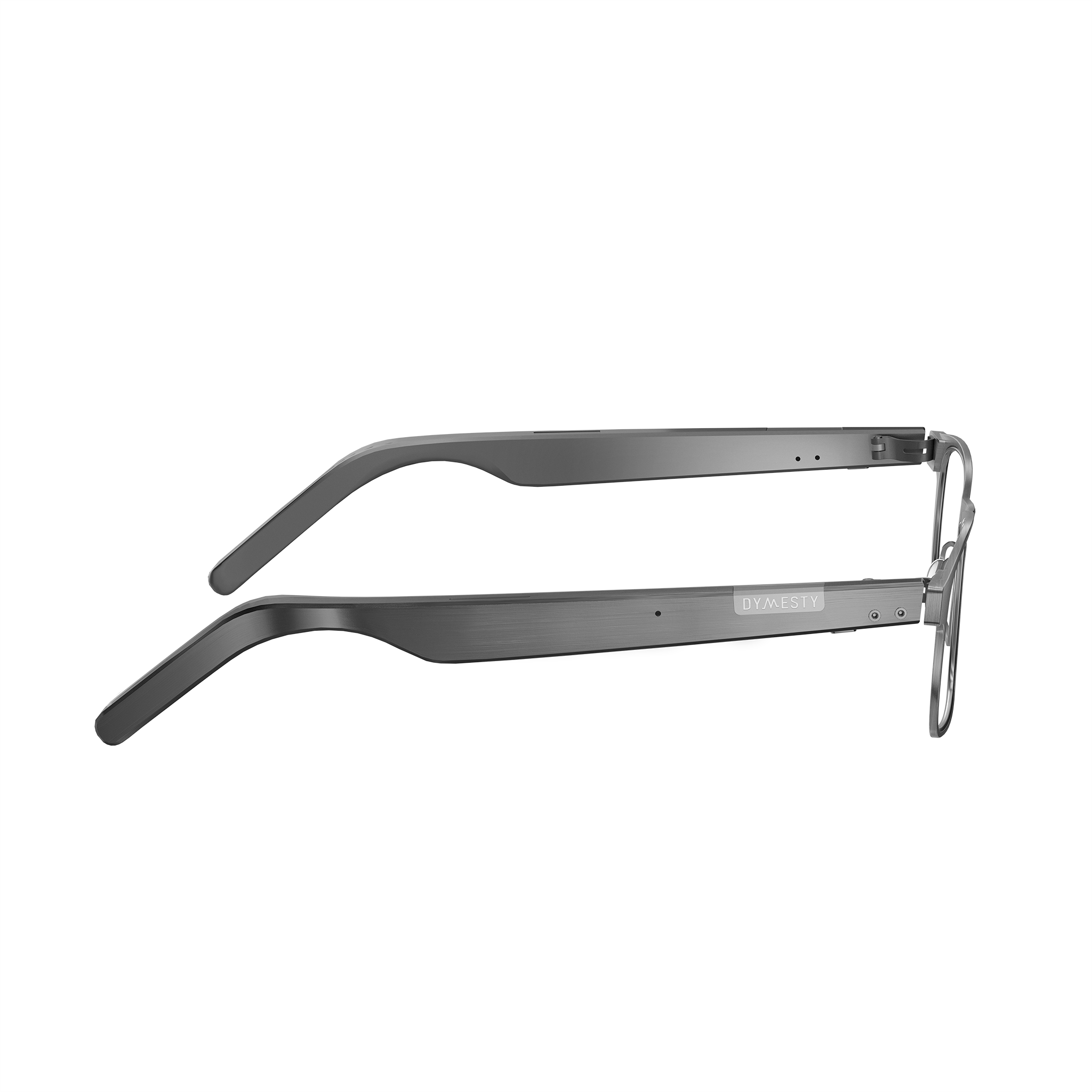 Dymesty Cook Edge gray titanium AI glasses side view showing temple and speaker