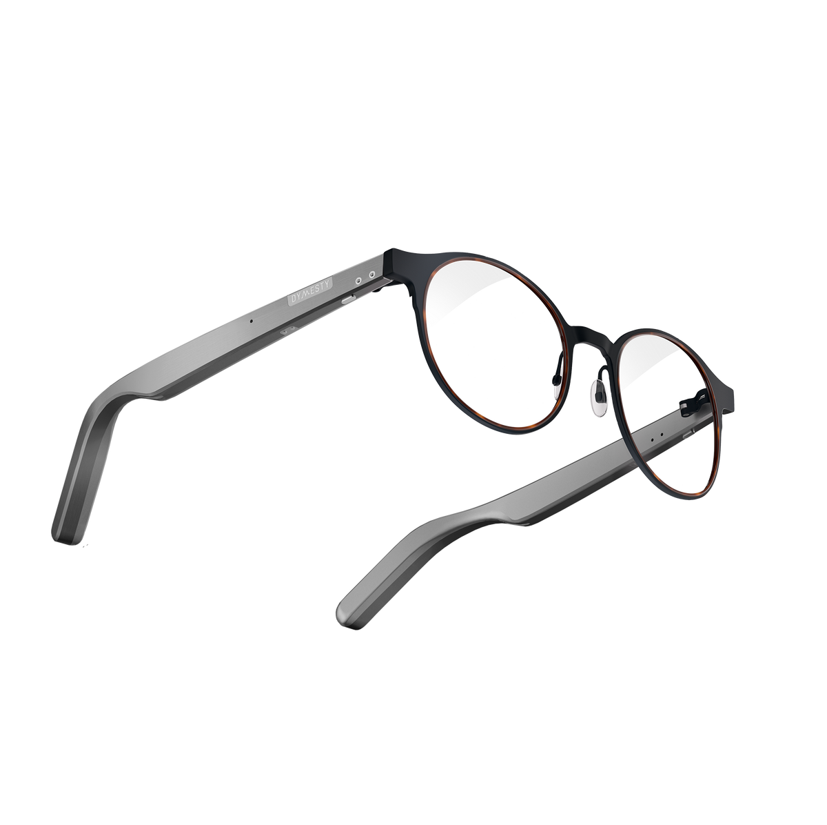 Dymesty Jobs Circle black tortoiseshell AI glasses nose pad detail, lightweight titanium frame