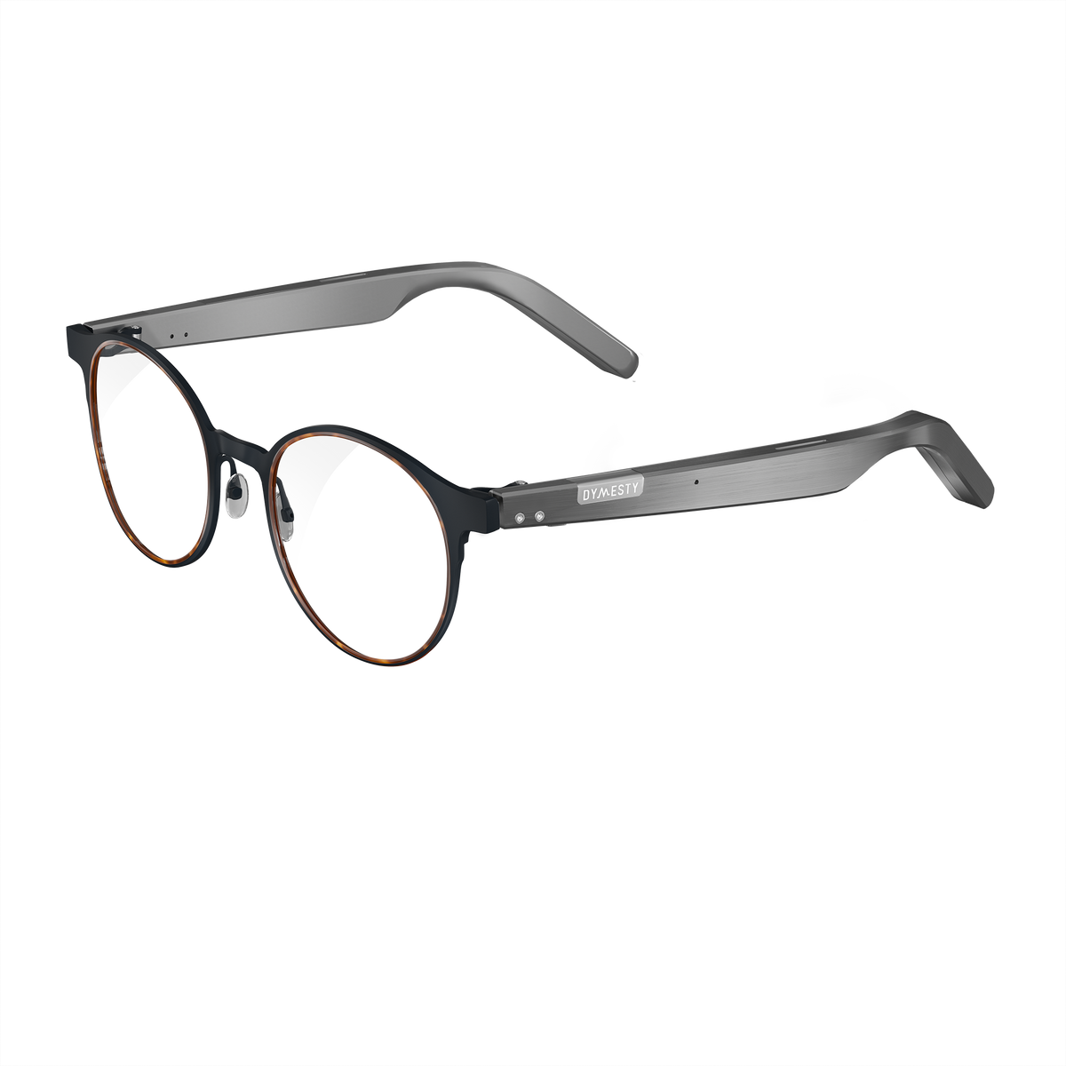 Dymesty Jobs Circle black tortoiseshell round titanium AI smart glasses top view, 35g lightweight frame