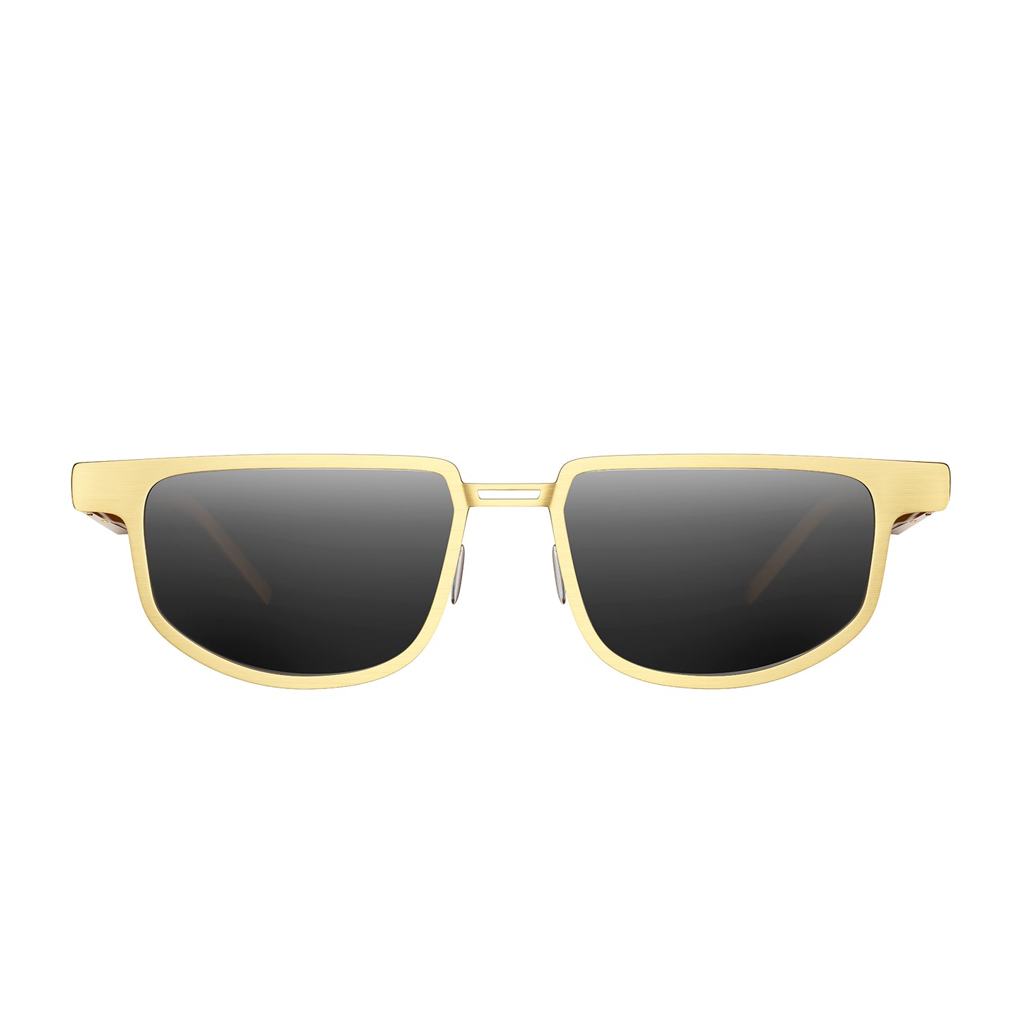 Dymesty Moore Vision AI smart sunglasses in gold frame with adaptive lenses