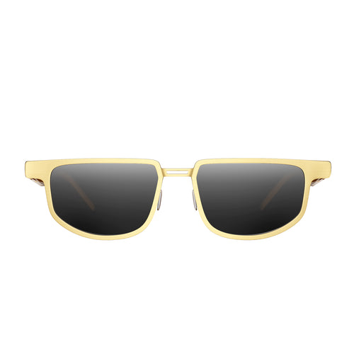 Dymesty Moore Vision AI smart sunglasses in gold frame with adaptive lenses