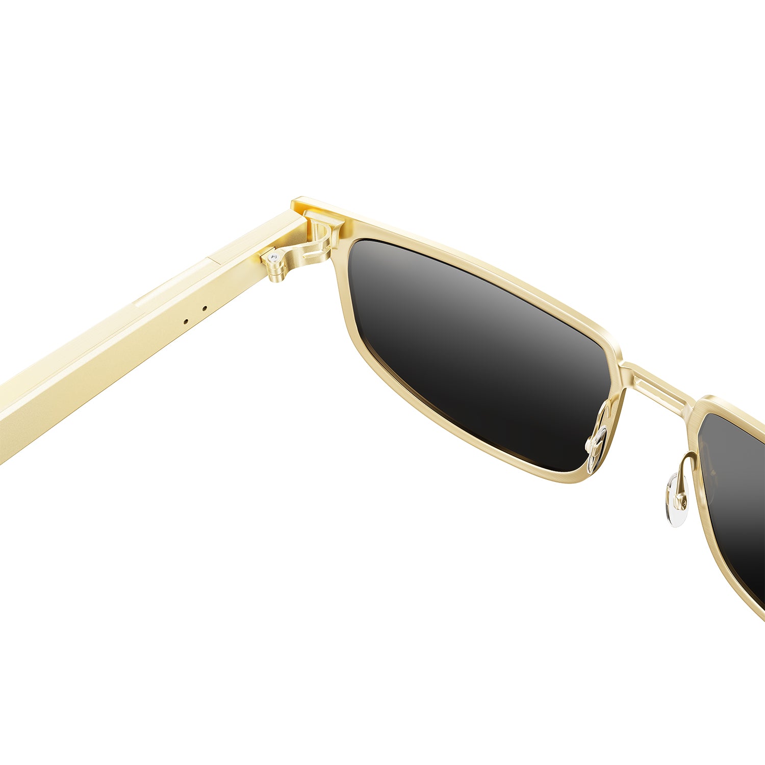 Durable precision hinge detail of Dymesty Moore Vision gold frame smart glasses