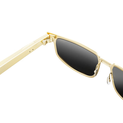 Durable precision hinge detail of Dymesty Moore Vision gold frame smart glasses