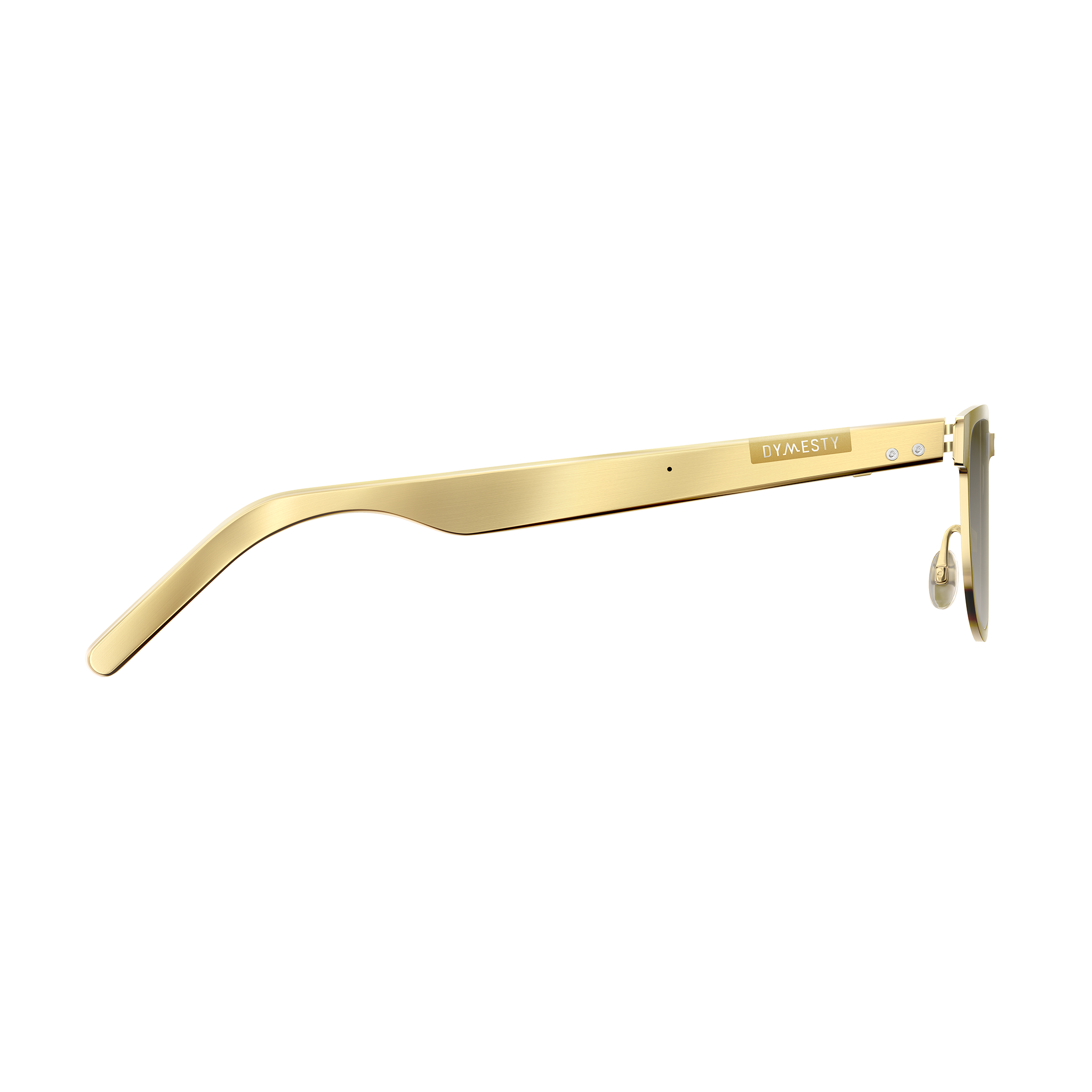 Dymesty Moore Vision AI Smart Sunglasses in champagne gold titanium frame with dark gray lenses, front view on transparent background — 35g lightweight, 48-hour battery, real-time translation in 100 languages, camera-free design